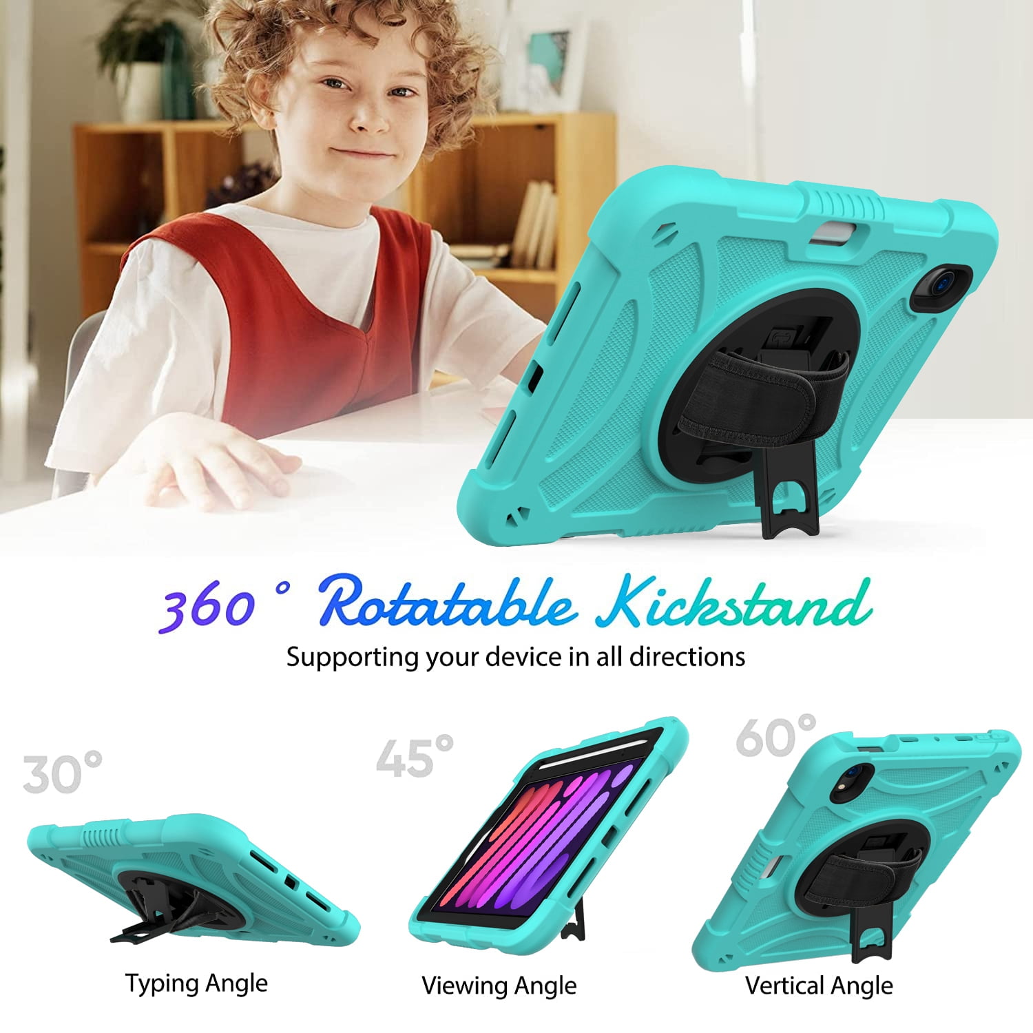 Decase for Apple iPad Mini Case 8.3” 2021 with Pencil Holder,360 Rotating Hand Strap,& Stand, Drop-Proof Kids Case for iPad Mini 7 A17 Pro 2024/iPad Mini 6 2021 8.3 Inch,Mint