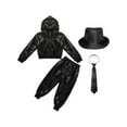thumbnail image 3 of TiaoBug Kids Boy Girls Sparkly Hip Hop Jazz Street Dance Costume Long Sleeve Hooded Jacket Pants with Hat Necktie Set Black 12-14, 3 of 5