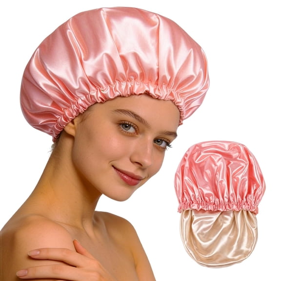 TELOLY Reusable Double Layer Satin Lined Shower Cap,Waterproof Bath Cap with Soft Satin Interior for Frizz Control,Elastic Band for Most Head Sizes,Ideal for Curly & Braided Hair,Peach Pink