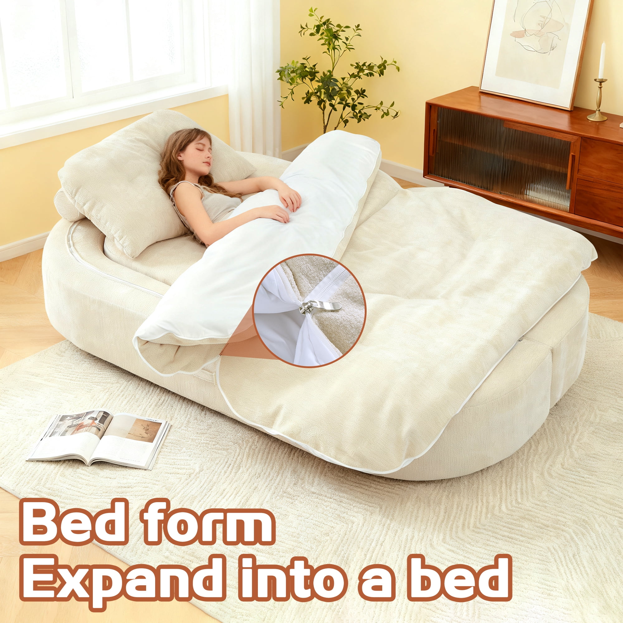Jopath Sleeper Sofa Bed with 2 Pillows,Corduroy Convertible Futon Sleeper Sofa Couch,Modern Floor Sofa Bed,Folding Mattress for Living Room,Small Spaces,Cream