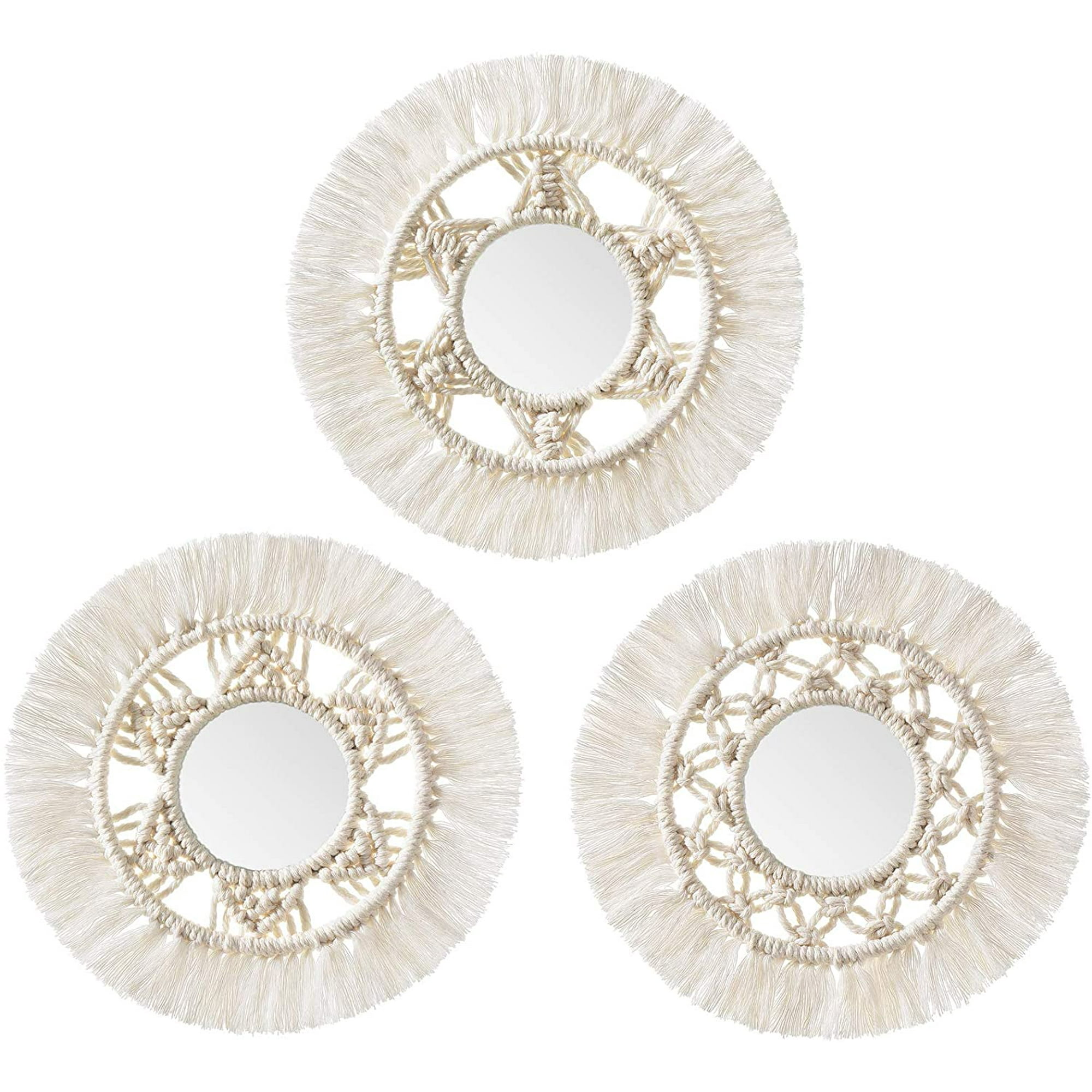 Mini Round Wall Mirror With Macrame Fringe Set Of 3 Small Hanging Circle Boho Home Decor For Apartment Living Room Bedroom Baby Nursery Beautiful Gift Ideas 2 7 D X Mini Round Wall Mirror With Macrame, Small Circular Mirror Wall Decor
