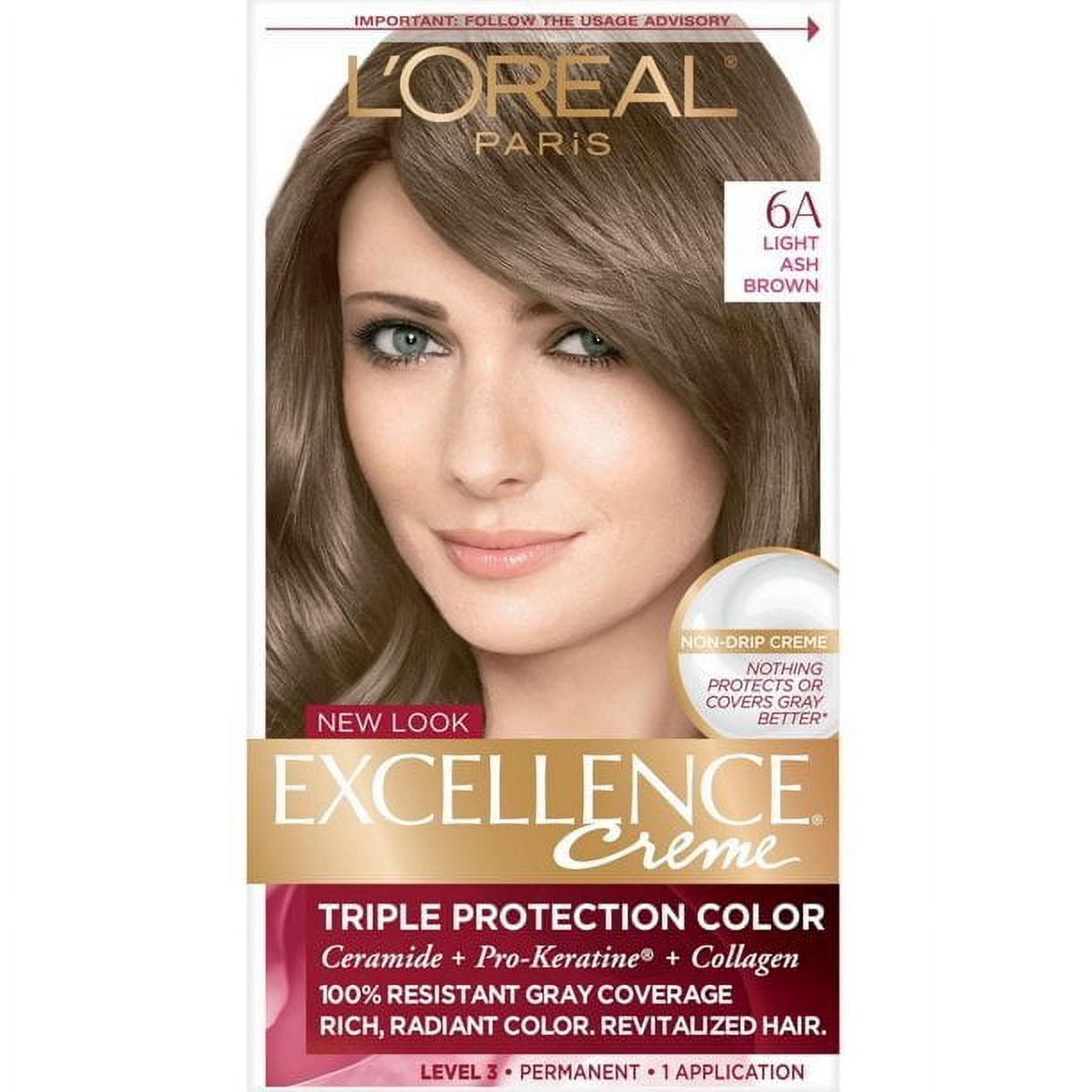 L'Oreal Paris Excellence Creme 6A Light Ash Brown Level 3 Permanent Hair Color, 1 Application, 4-Pack