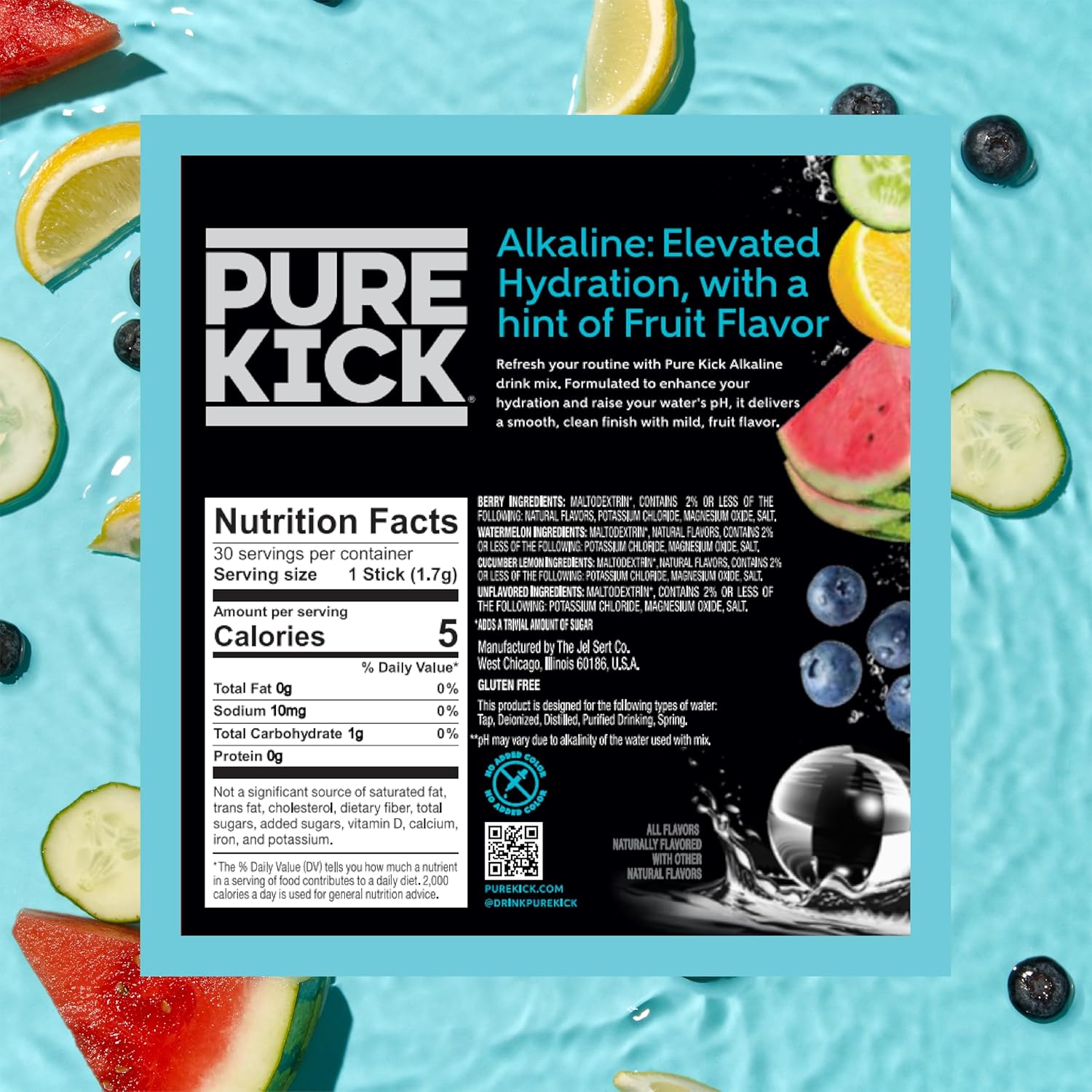 (6 pack) Pure Kick Alkaline Singles to Go Powdered Drink Mix Variety Pack, Watermelon, Berry, Cucumber Lemon, Unflavored, 30 Count Packets