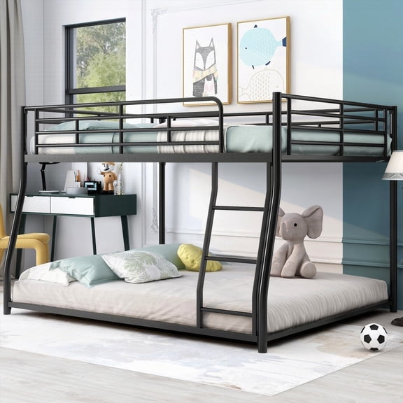 Elegant Metal Floor Bunk Bed: Full XL over Queen, Black