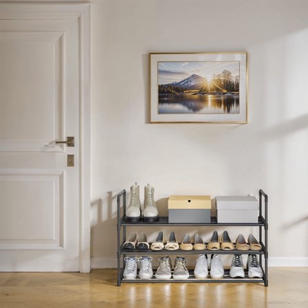 3-Tier Metal Shoe Rack Organizer, Stackable & Reversible Storage Shelf, Holds 16-20 Pairs, No-Tool Assembly, for Entryway,Closet, Black