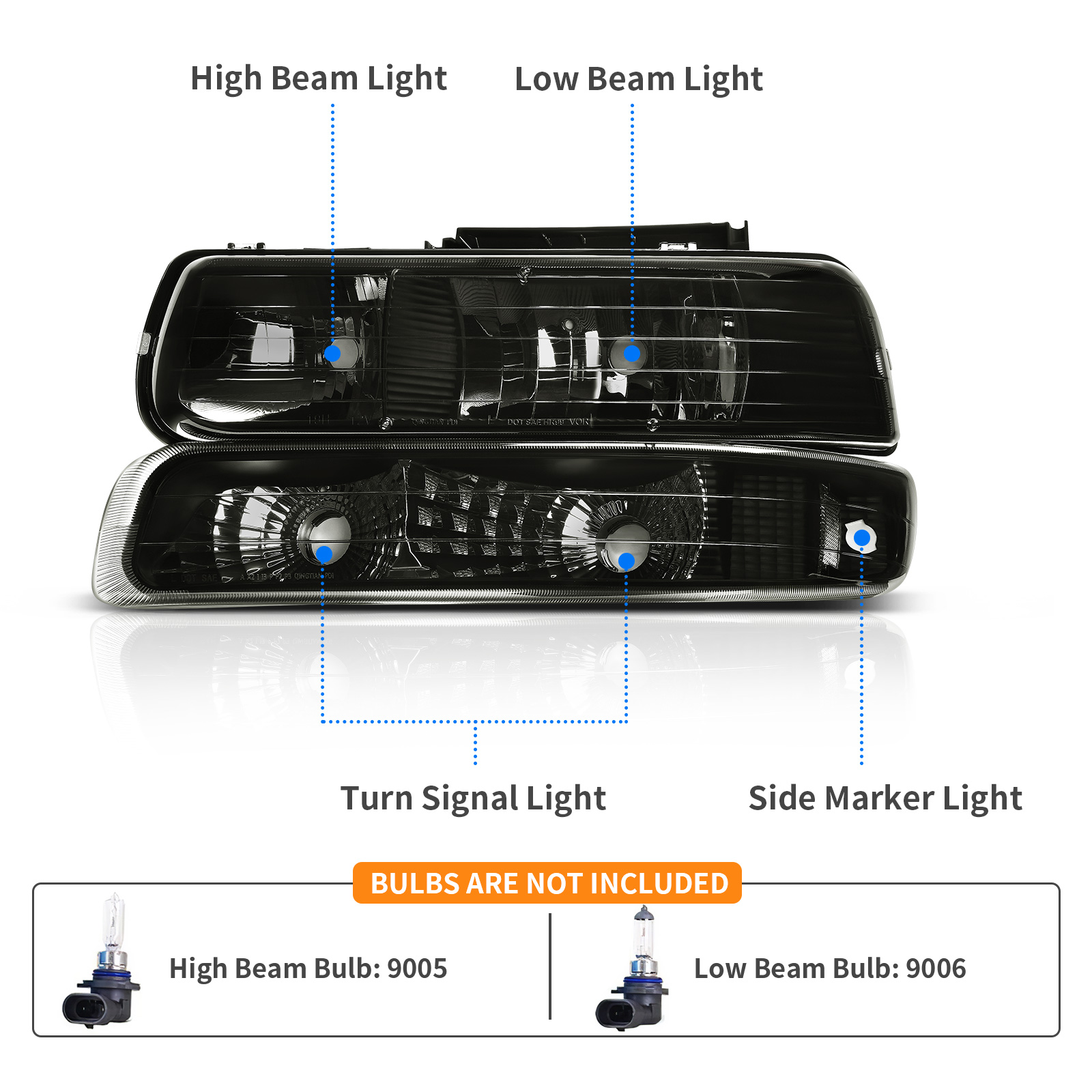 RVNI Headlights Assembly Headlights for 1999-2002 Silverado 00-06 Tahoe Suburban Smoke Headlamp +Bumper Lamps
