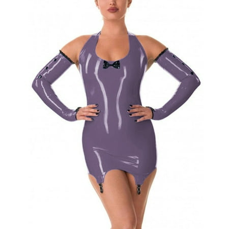 Women Sexy Halter Sleeveless Dress PVC Leather Bodycon Dress with Garter Clips Gloves Lingerie Mini Dress