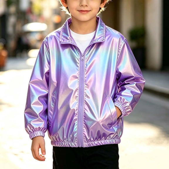 FRSASU Kids Boys Shiny Metallic Stand Collar Jacket Zip‑Up Long‑Sleeve Windbreaker Glitter Coat Birthday Party Stage Performance Daily Wear with Pockets Purple-B