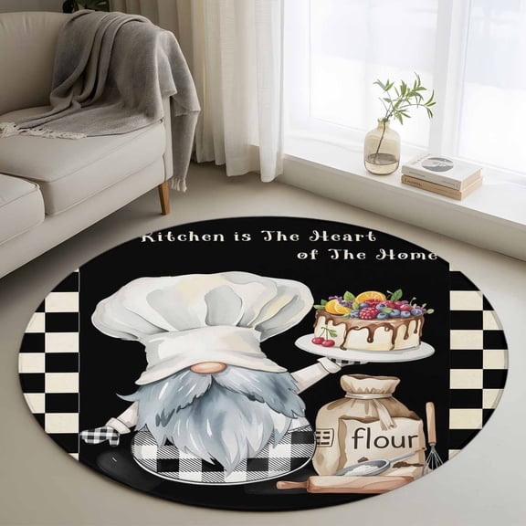 Chef Gnomes Round Rugs 3.3ft, Rustic Black White Paid Dessert Cake Cook Non Slip Washable Rug Runner, Low Pile Indoor Floor Carpet Mat Bathroom Rugs for Living Room, Bedroom, Kids Room