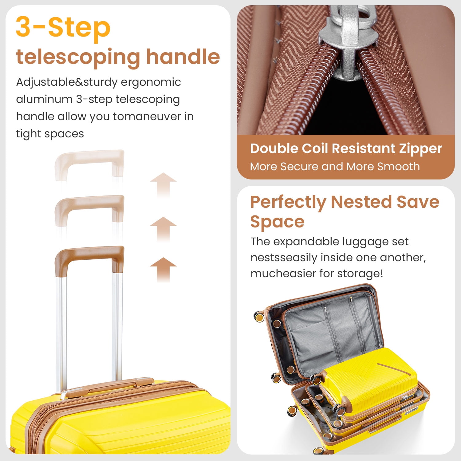 4 Piece Luggage Set, Expandable Lightweight Suitcase Set with 360° Double Spinner Wheels Integrated TSA Lock, Yellow (14/20/24/28)