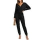 thumbnail image 1 of Conjunto de 2 piezas para mujer, conjunto de pantalones con cuello en V y parte delantera torcida, Top de manga larga con cordón, pantalones largos, traje negro XL, 1 of 6