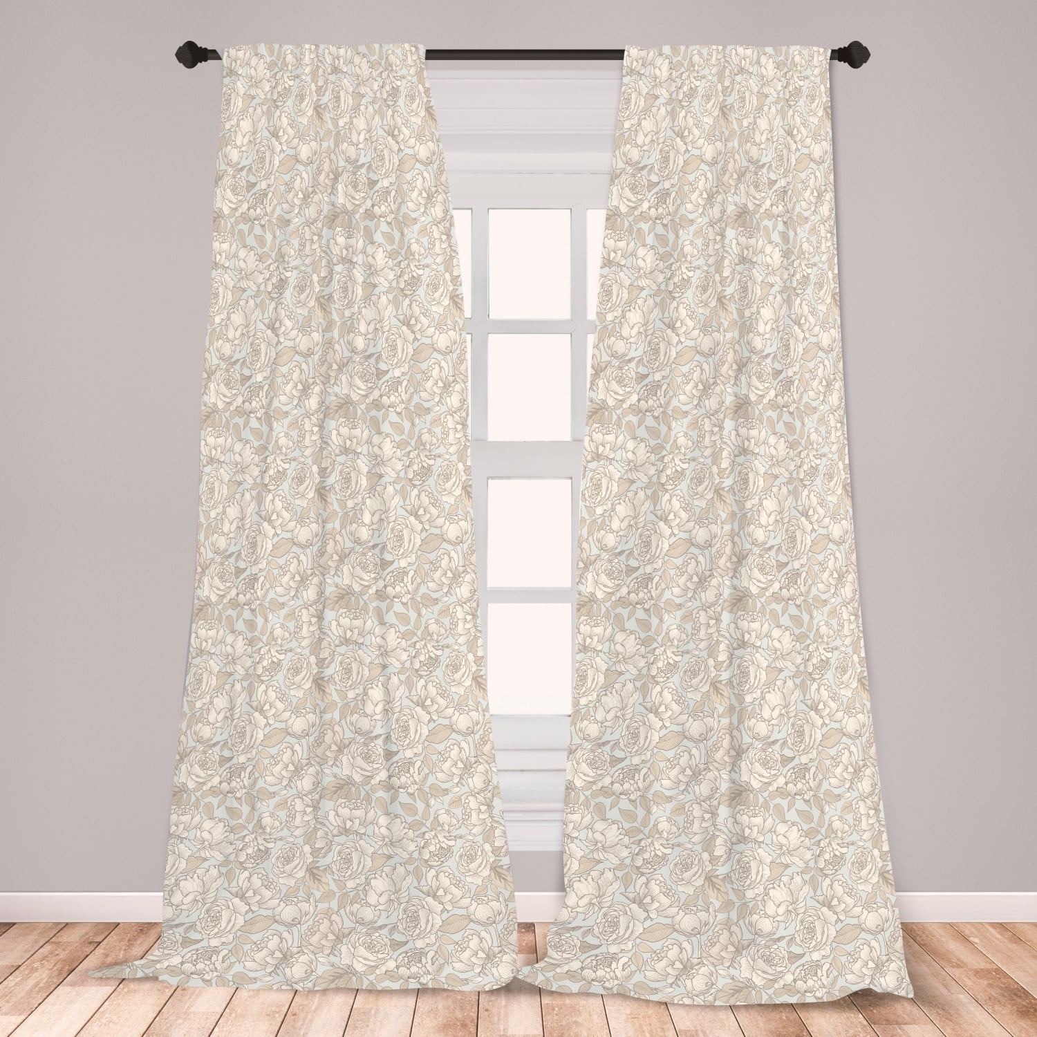 Beige Curtains 2 Panels Set, Floral Ornamental Pattern with Wedding