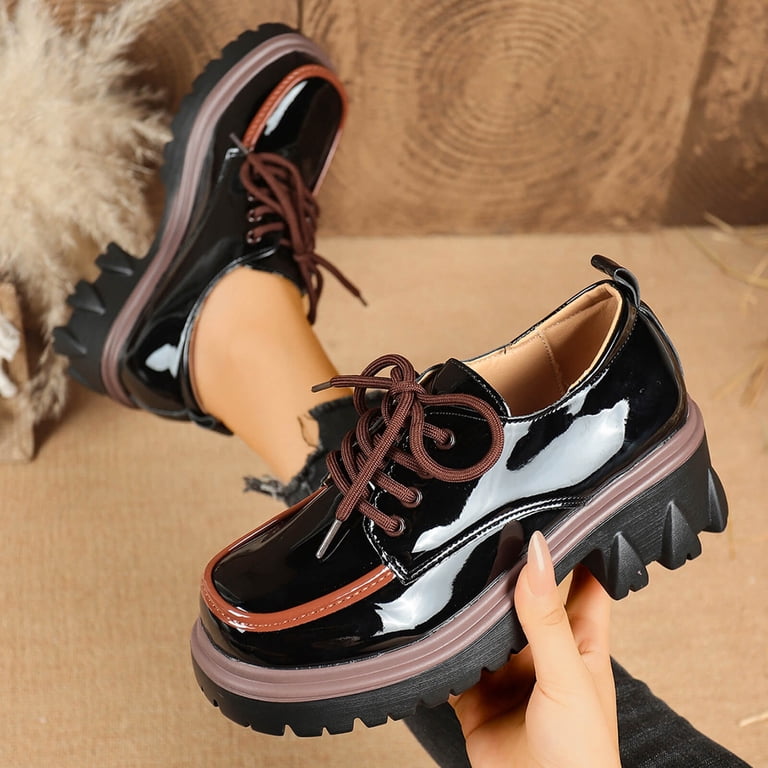 platform black dress shoes RUIYANQI Women's Loafers Wide Width, Patent Leather Lace-Up Casual Shoes, Chunky Sole Low Heel for All Seasons, Black/Grey/White Color:Moss Green The non Romantic Sequined Pattern A new arrivalss