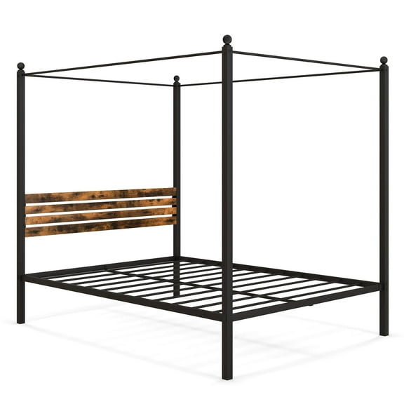 Infans Queen Size Canopy Bed Frame 4-Poster Platform Bed Frame w/ Industrial Headboard