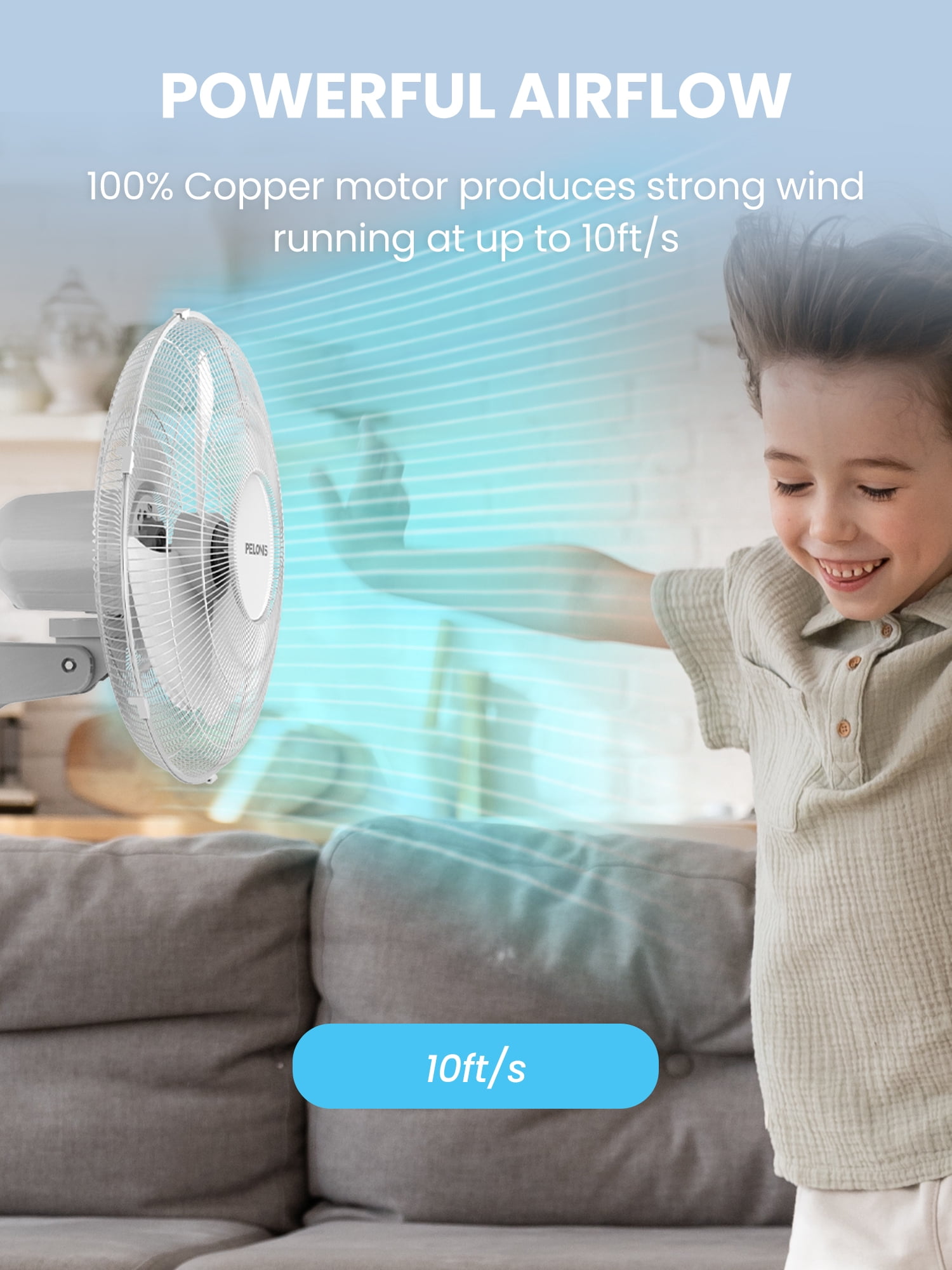 Pelonis 3-Speed Adjustable Tilt Household Wall Mounted fan