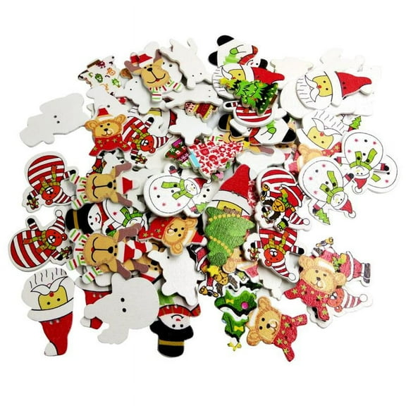 Christmas Buttons for Crafts 100Pcs Assorted Wooden Christmas Buttons Embellishments for Sewing Clothes Accessories Christmas Stocking Decorative Buttons for DIY Handmade Projects