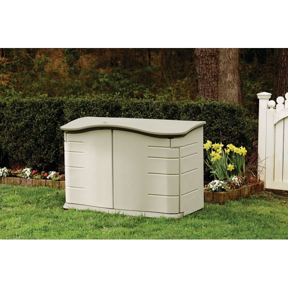 Open Box Rubbermaid Horizontal Storage Shed, Olive & Sandstone 58.5"L x 35.8"W x 11.8"H 49.7lbs