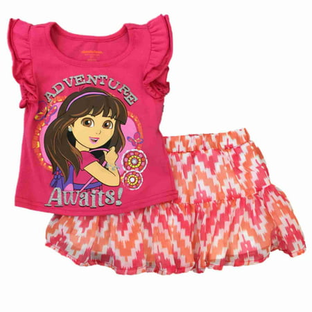 Infant Toddler Dora Explorer Girls Pink Adventure Outfit Ruffle Skort & Shirt 2T