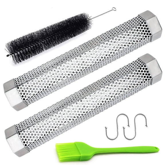 2 Pack 12 Inch Smoker Tube for Pellet Grill, Stainless Steel Smoke Generator 5 Hours Duration, Works with Gas Charcoal Electric BBQ, Portable Cold Hot Smoking Tool, Silver