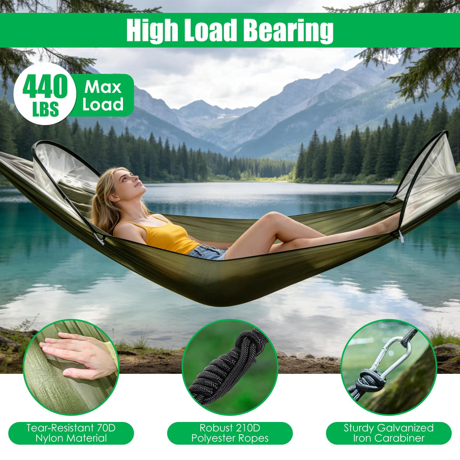 3 in 1 Camping Hammock with Automatic Pop-Up Mosquito Net, Lightweight 70D Nylon Portable Hammock Supports 440lbs, Dual Zipper Outdoor Hammock for Camping Hiking Backpacking Beach Backyard