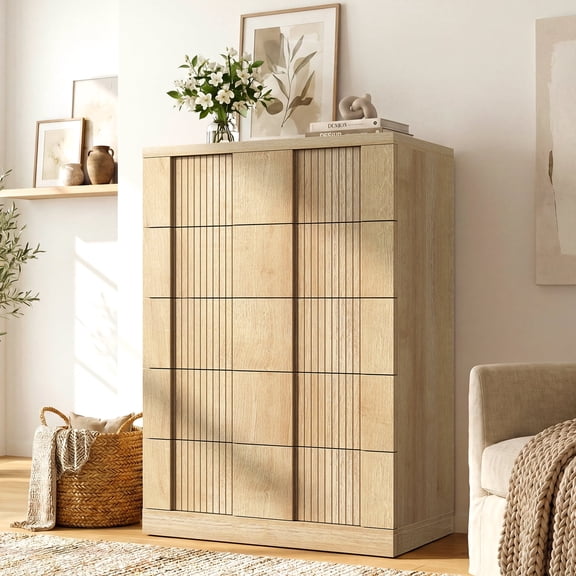 5 Drawer Dresser,27.6" Wide Chest of Drawers for Bedroom,Fluted Wood Drawer Chest Storage Cabinet for Living Room, Hallway, Entryway, Home Office,Nature Oak