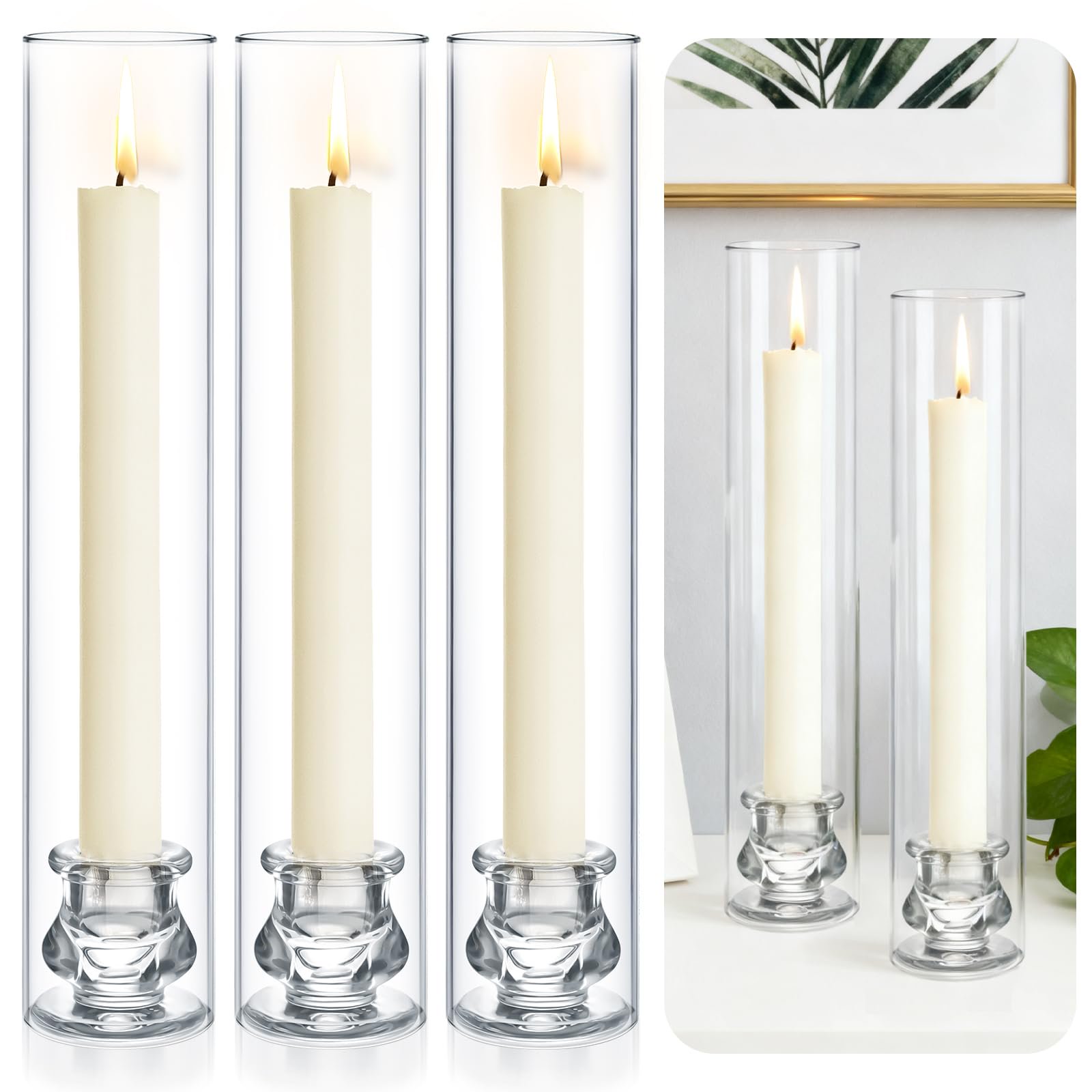 3 Set Hurricane Glass Candlestick Holders 12.6 Two Side Open Glass Candle Holders and 2.2 Taper Candlesticks Holder Bulk for Table Centerpiece Wedding Christmas Home Decor VT1