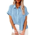 thumbnail image 2 of ZOHIUM Clothes Summer New Ladies Loose Blouses Cotton and Linen Lapel Rolled Shirt Sleeve Button Shirt Tee Shirt Blouses Blouse Women Blouses Dressy Casual (Blue2,S), 2 of 5