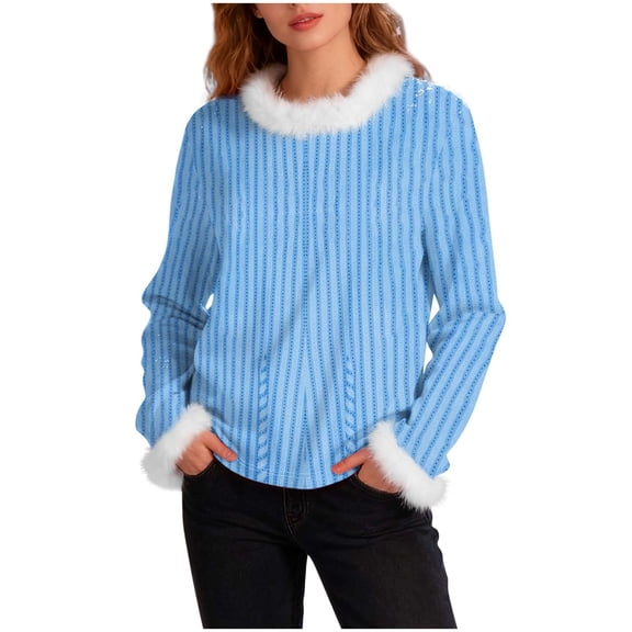 Sexlip Women's Knitted Sweaters Plush Fur Trim Crew Neck Long Sleeve Ribbon Pullover Holiday Casual Dressy Fall Sweater Blue XXXL