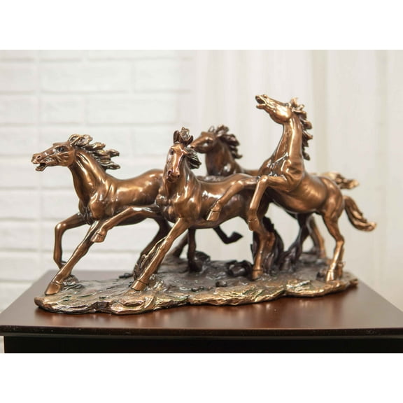 Large 17"L Rustic Western Wild And Free 4 Running Horses Bronzed Resin Statue