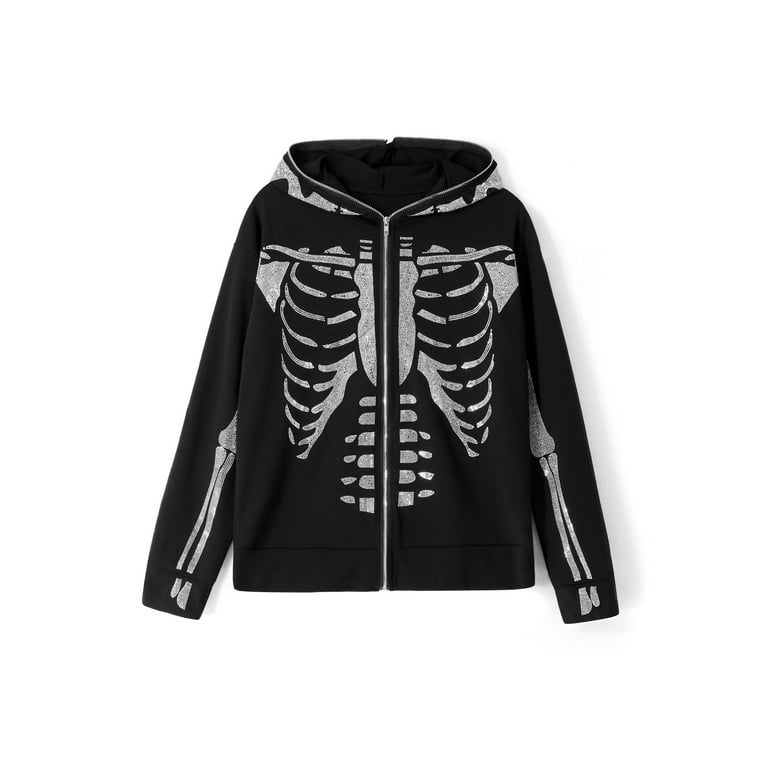 Women Y2k Zip Up Hoodie Skeleton Rhinestone Hooded
