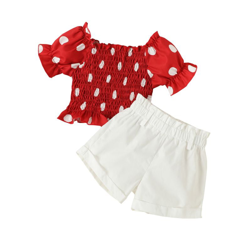 Toddler Kids Baby Girls Polka-Dot Tops Solid Shorts Outfits Set Kids Clothes Set 