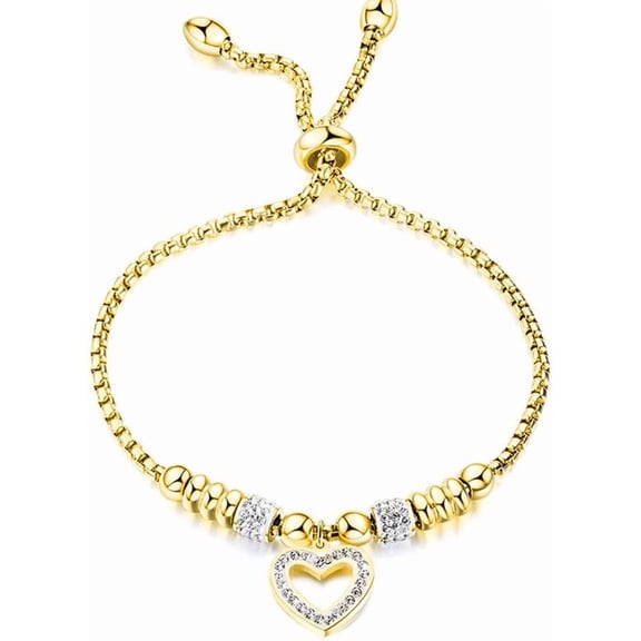 Stainless Steel Heart Charm Adjustable Size Beaded Strand Style Wedding Statement Holiday Bracelet