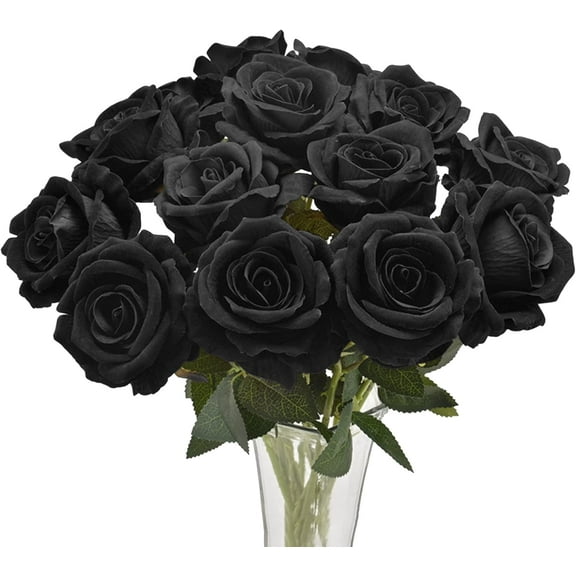 12PCS Roses Artificial Flowers Black Fake Silk Flower Bouquet 19.68" Long Stem Artificial Black Rose for Halloween Wedding Party Bridal Home Decor Table Arrangement Decoration, Black
