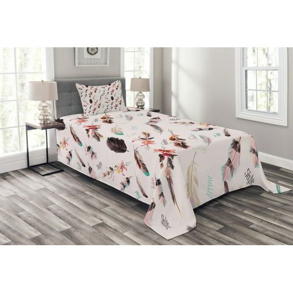 Ambesonne Boho Quilted Bedspread Set 2 Pcs, Fashion Feathers, Twin Size, Multicolor