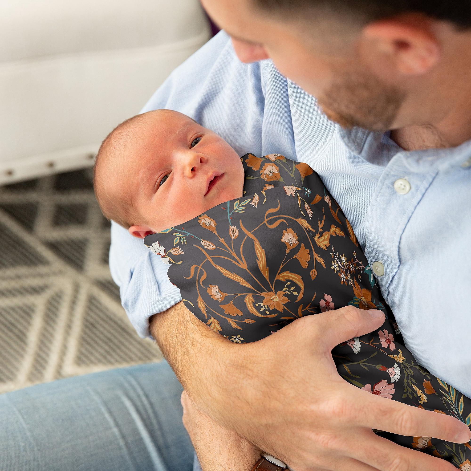 Sweet Jojo Designs Boho Floral Wildflower Black and Orange Girl Swaddle Blanket