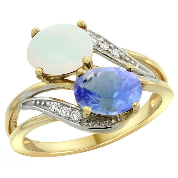 14K Yellow Gold Diamond Natural Opal & Tanzanite 2-stone Ring Oval 8x6mm, size 10