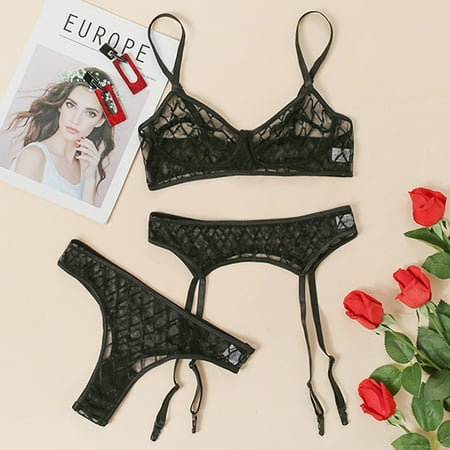 (2-Pack) Puawkoer Ladies Sexy Mesh Sexy Open Panties Lingerie for Women Lingerie Bra + Thong Role Playing Lingerie for Women Large + Garter 3Pcs Suit Plus Size Bustier