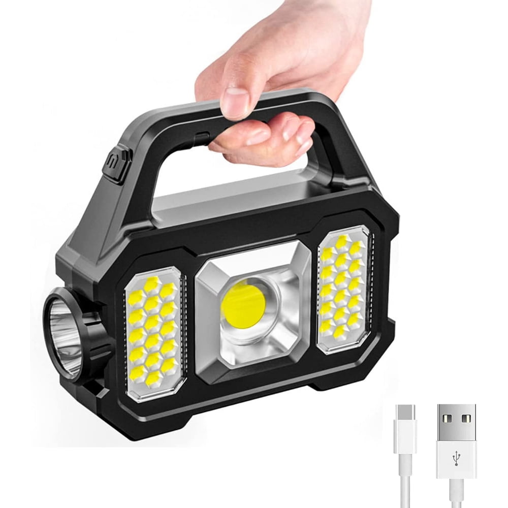 Solar Handheld Flashlight with USB Cable, 6 Modes Rechargeable Multifunction Lights Super Bright LED Searchlight, Lightweight Waterproof Portable Spotlight