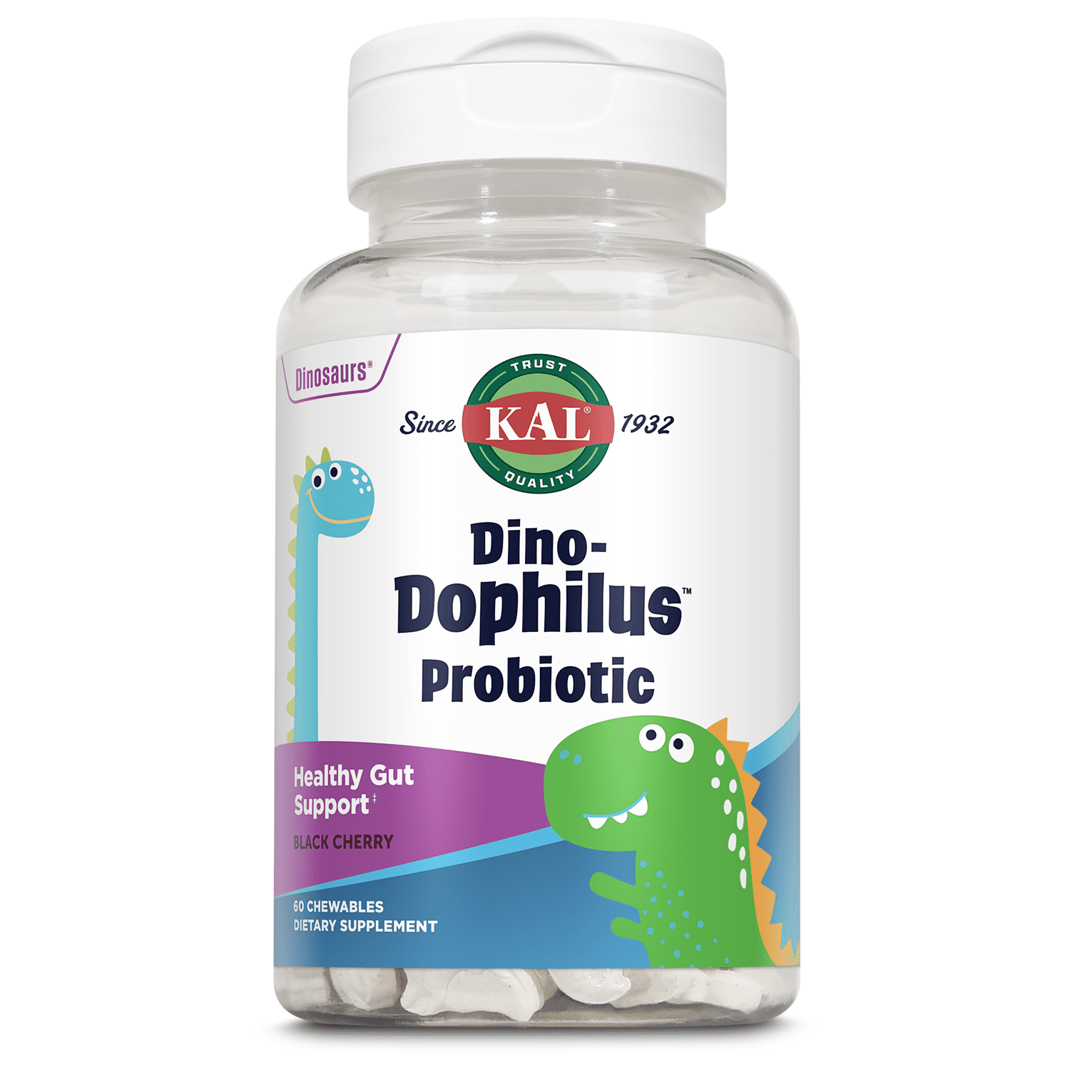 KAL Dino-Dophilus Probiotic 2 Billion | Chewable Probiotics for Kids | No Fructose & Delicious Natural Black Cherry Flavor | 60 Servings