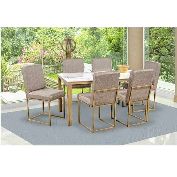 Comedor Soria Golden 6 Sillas Tubular Cubierta Porcelanato Mármol MOBILKRAFT Modelo Soria Golden 6 Sillas Rectangular, Estilo Contemporáneo en Color Late