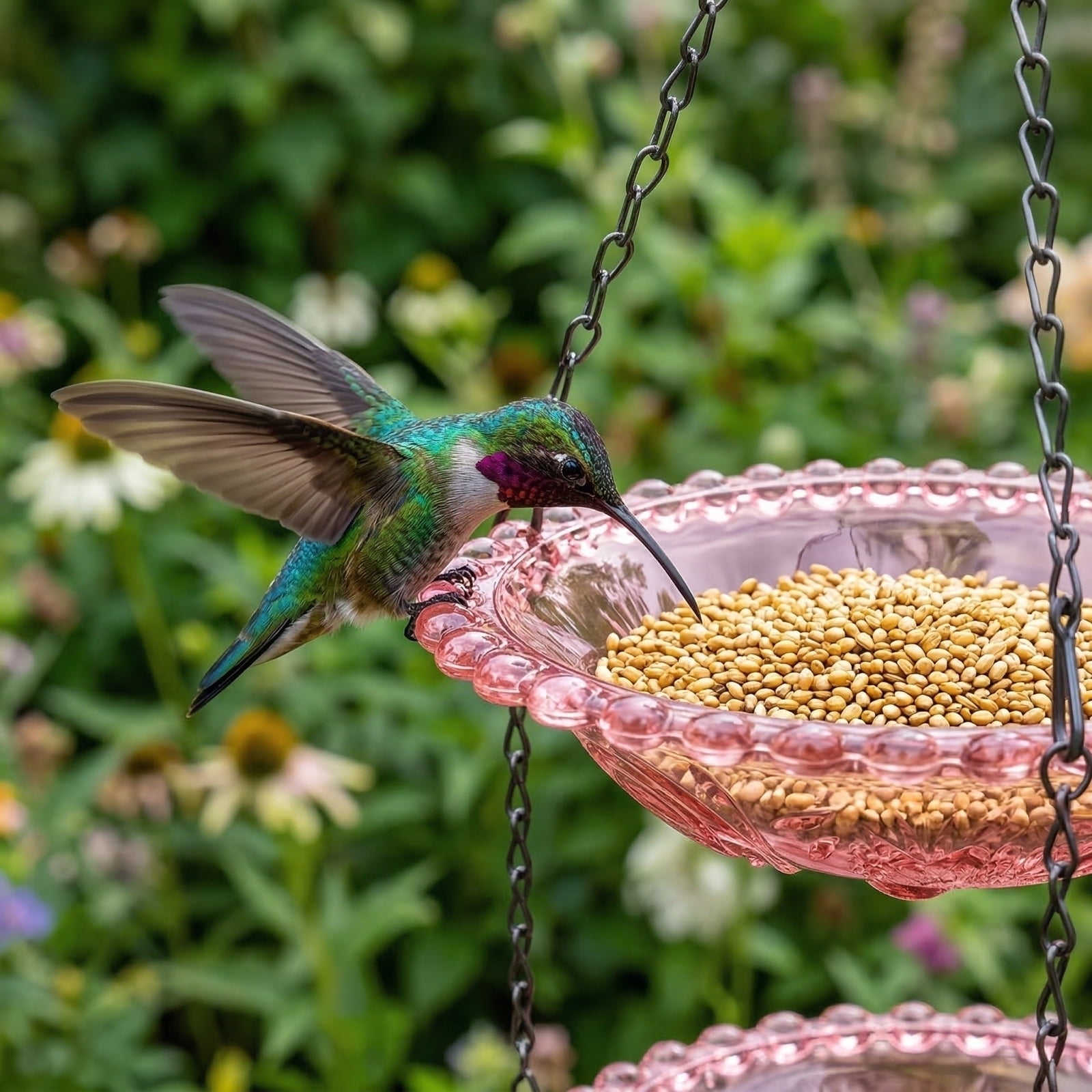 Hanging Bird Feeder Hummingbird Feeder Outdoor Decorative Bird Bathing Basin for Wild Birds Garden Balcony Ornament Glass Bowl with Durable Metal Chains