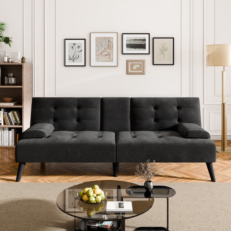 Walsunny Convertible Futon Sofa Bed, Foldable Futon Sleeper Sofa Bed with 2 Cup Holders, Folding Loveseat Recliner with 3-Angle Adjustment Modern Couch for Living Room, Small Space, Black
