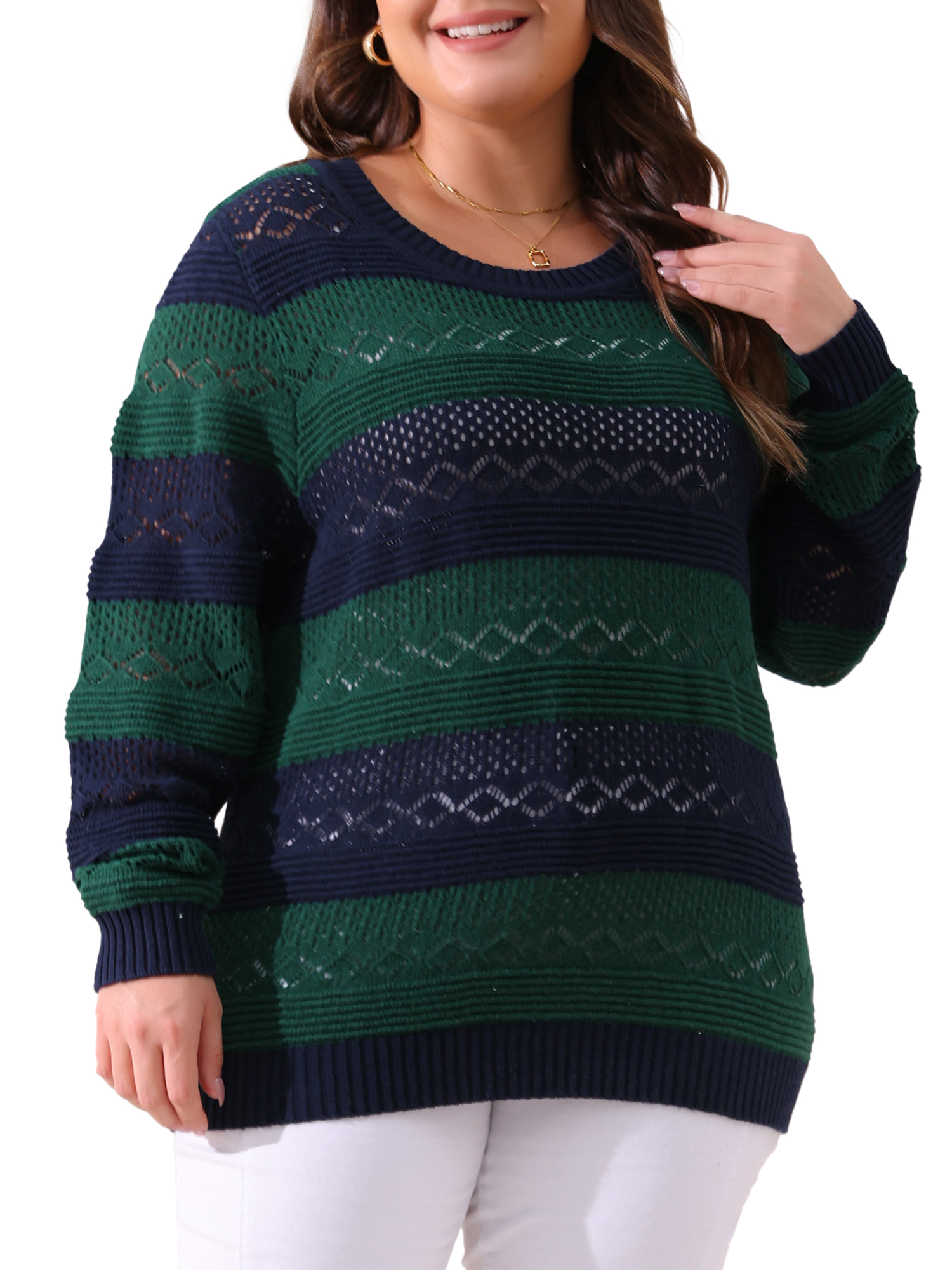 DARING DIVA Plus Size Long Sleeve Crewneck Hollow Knit Pullover 1X Green Blue