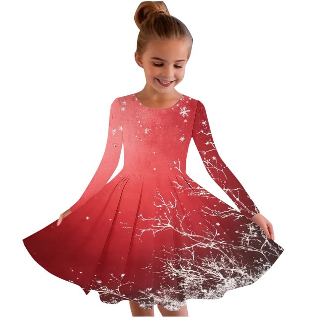 RXMEKW Robe Patineuse de Noël Imprimée pour Filles à Manches Longues à Col Rond Robe Tournoyante pour Récital et Fête pour les Fêtes et les Événements Scolaires