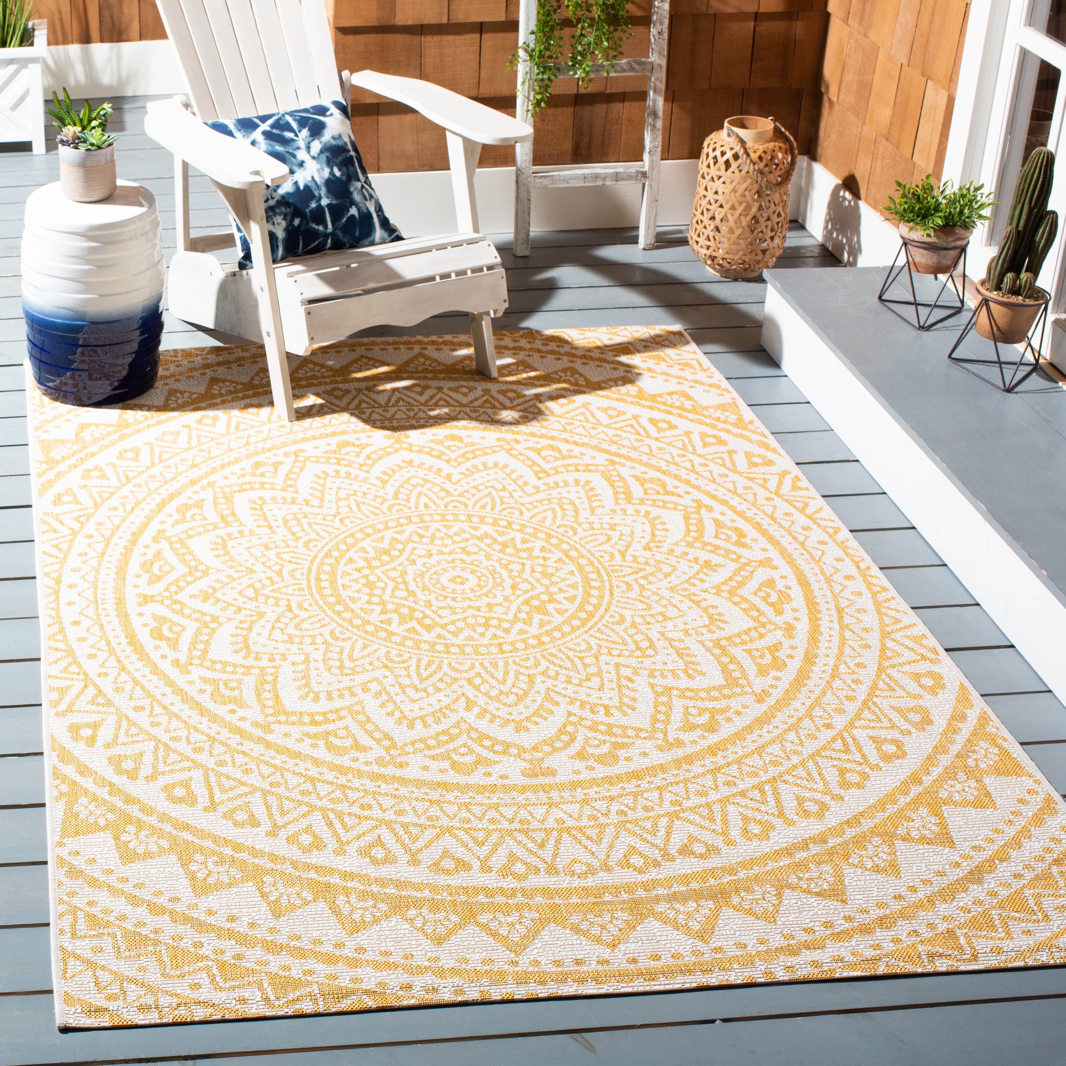 SAFAVIEH Courtyard Josiah Floral Medallion Indoor/Outdoor Area Rug, Ivory/Gold, 6'7" x 9'6"