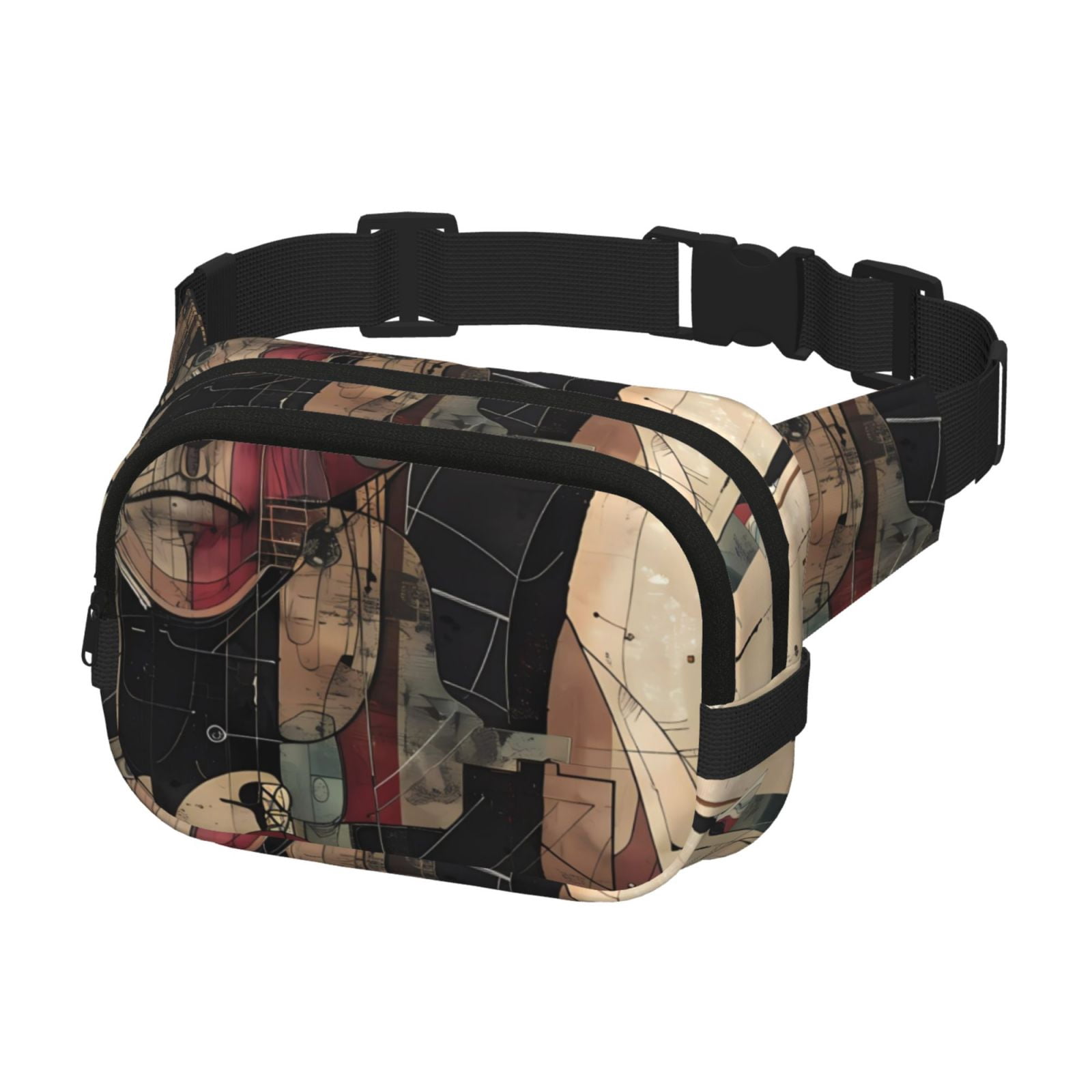 Picia Abstract Geometric Faces Print Square Double-Layer Waist Bag Mini Adjustable Waist Belt Bag Exercise Running Travel Hiking