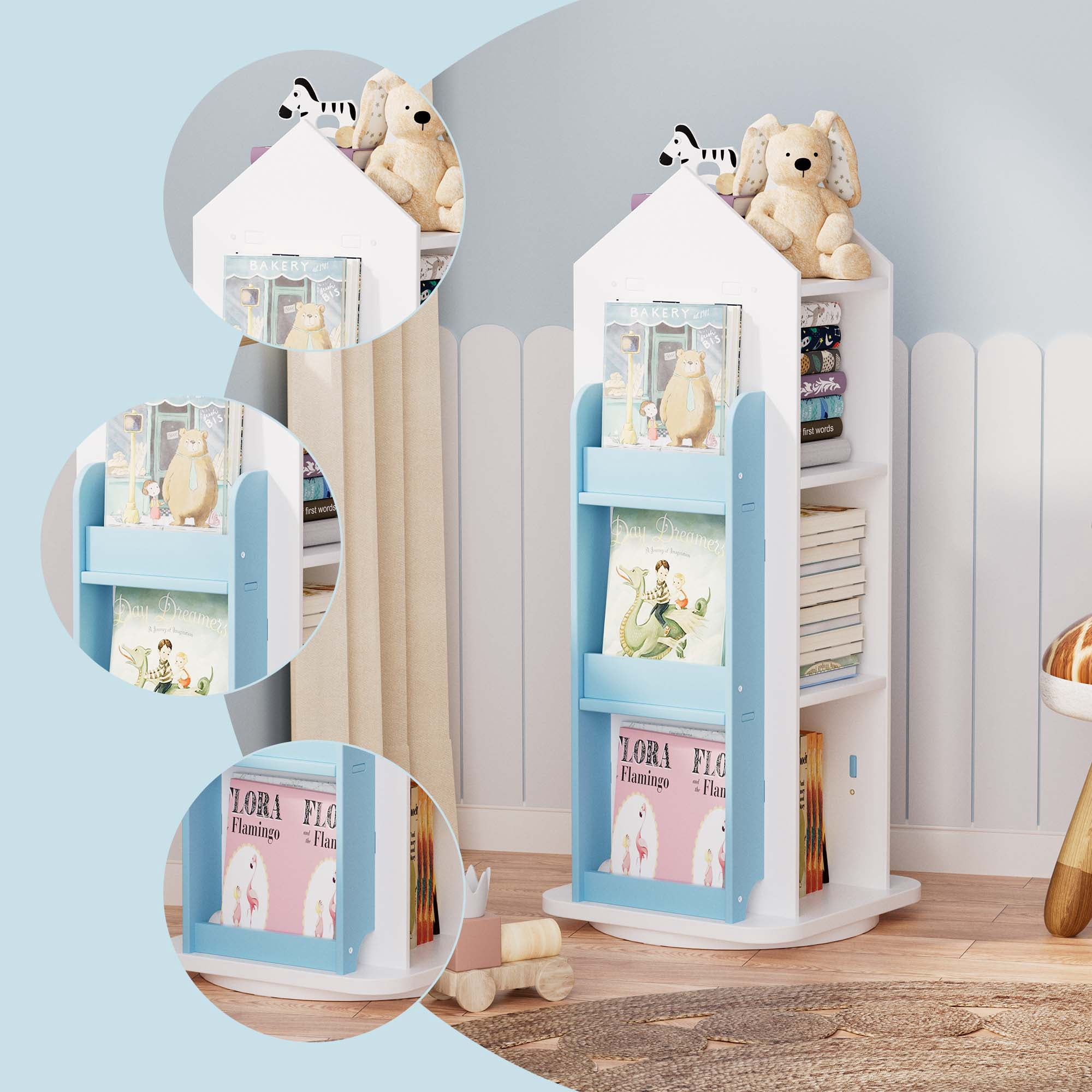 Gtouse 3 Tier Rotating Bookshelf, 360° Spinning Bookshelf, Wood Revolving Bookcase for Bedroom, Living Room