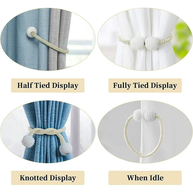 Trinyaa Magnetic Curtain Tie Backs, 4pcs Shower Curtain Tiebacks with Long Pearl Ball, 40cm Rope Curtain Holdback Curtain Holder Buckles for Home, Office
