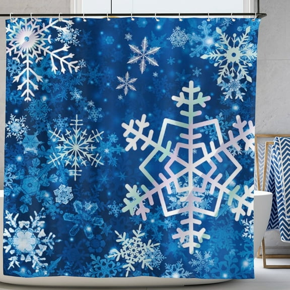 Merry Christmas Winter Snowflake Blue Polyester Shower Curtain for Bathroom Decoration 72x72 inch