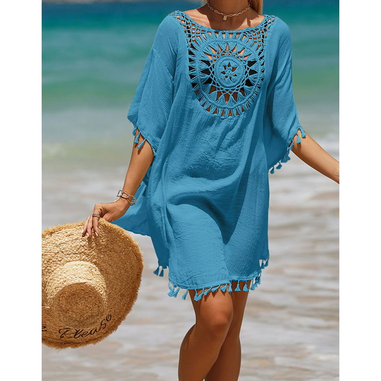 Swimsuit Cover Up for Women Plus Size Hollow Hand Crochet Neck Boho Bathing  Suit Cover Ups Casual Beach Cover Up with Fringed Hem Shermie
